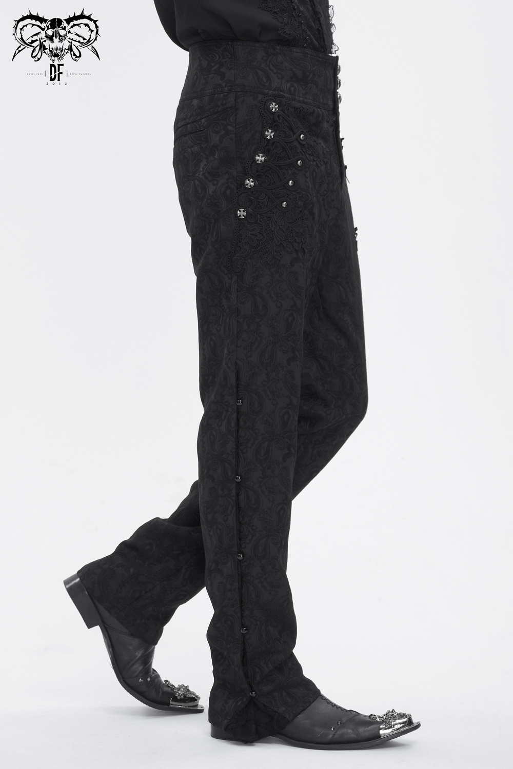 Stylish black floral embroidered trousers with decorative buttons, perfect for chic evening events.