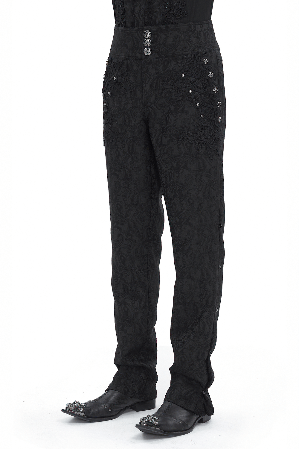 Elegant black floral embroidered trousers with lace and sequins, perfect for chic evening occasions.