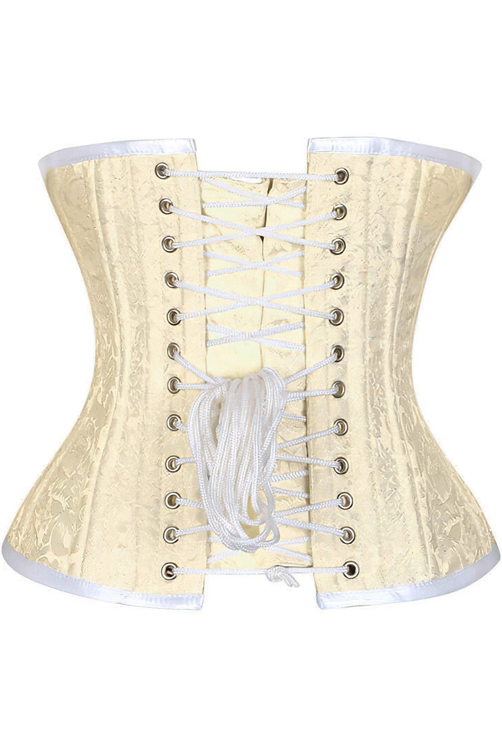 Elegant ivory underbust corset with lace-up back, steel boning for superior support and customized fit.