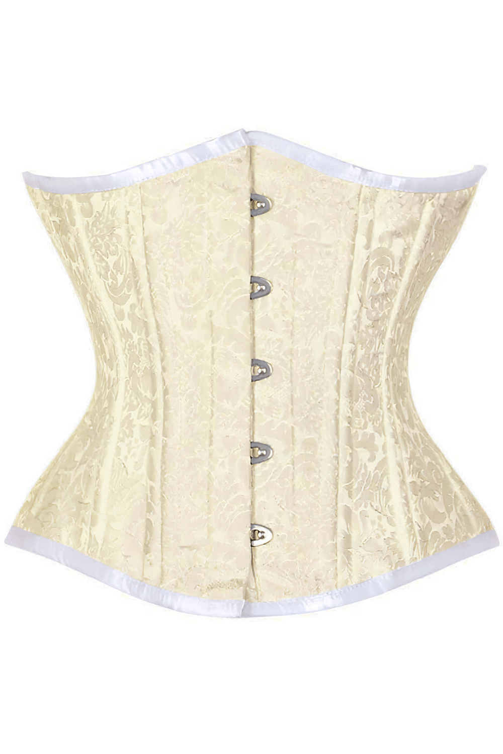 Ivory brocade underbust corset with steel boning, metal busk, and lace-up back for a perfect silhouette.