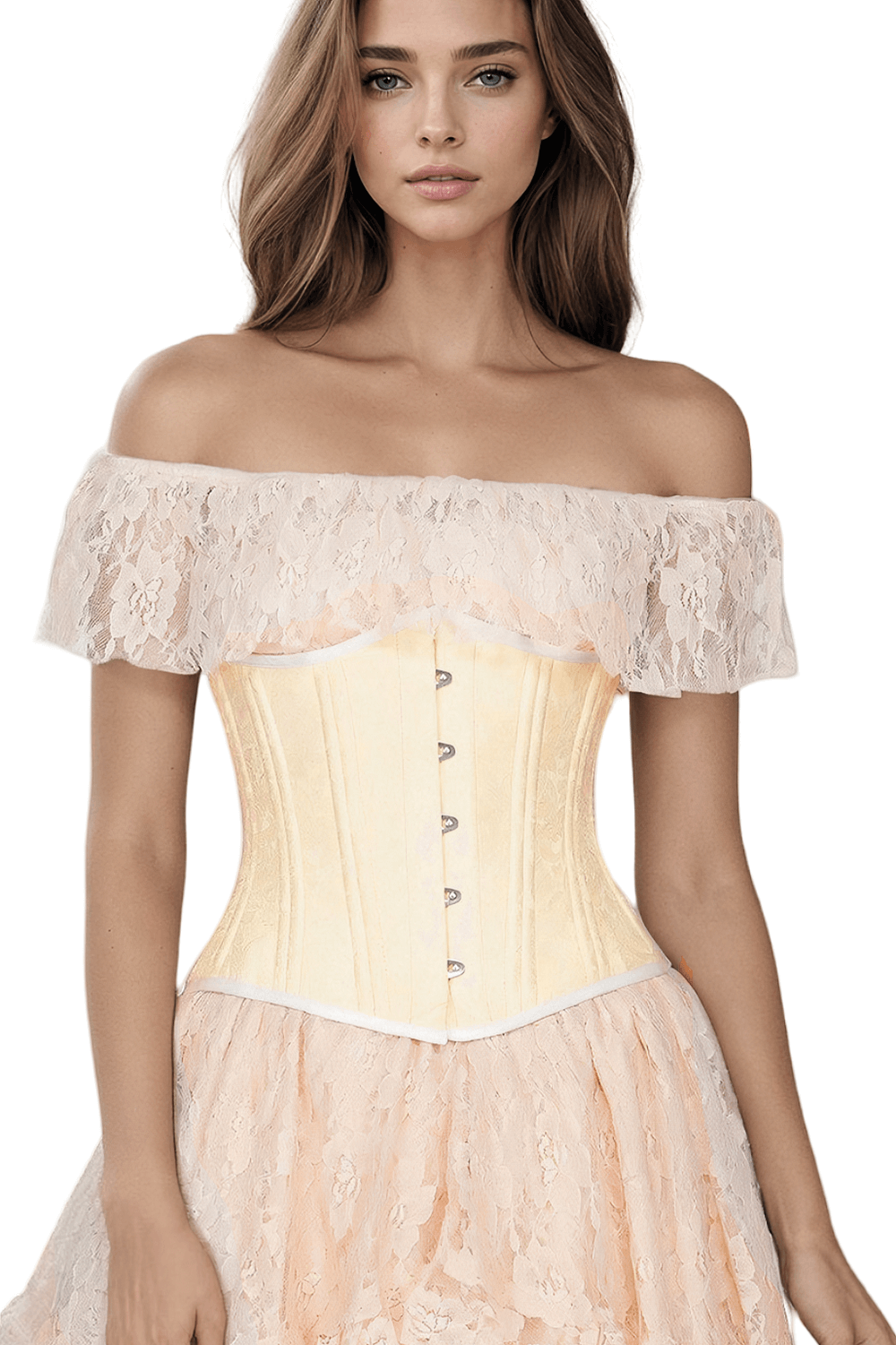 Ivory underbust corset with lace overlay, featuring steel boning and lace-up back for a flawless fit.