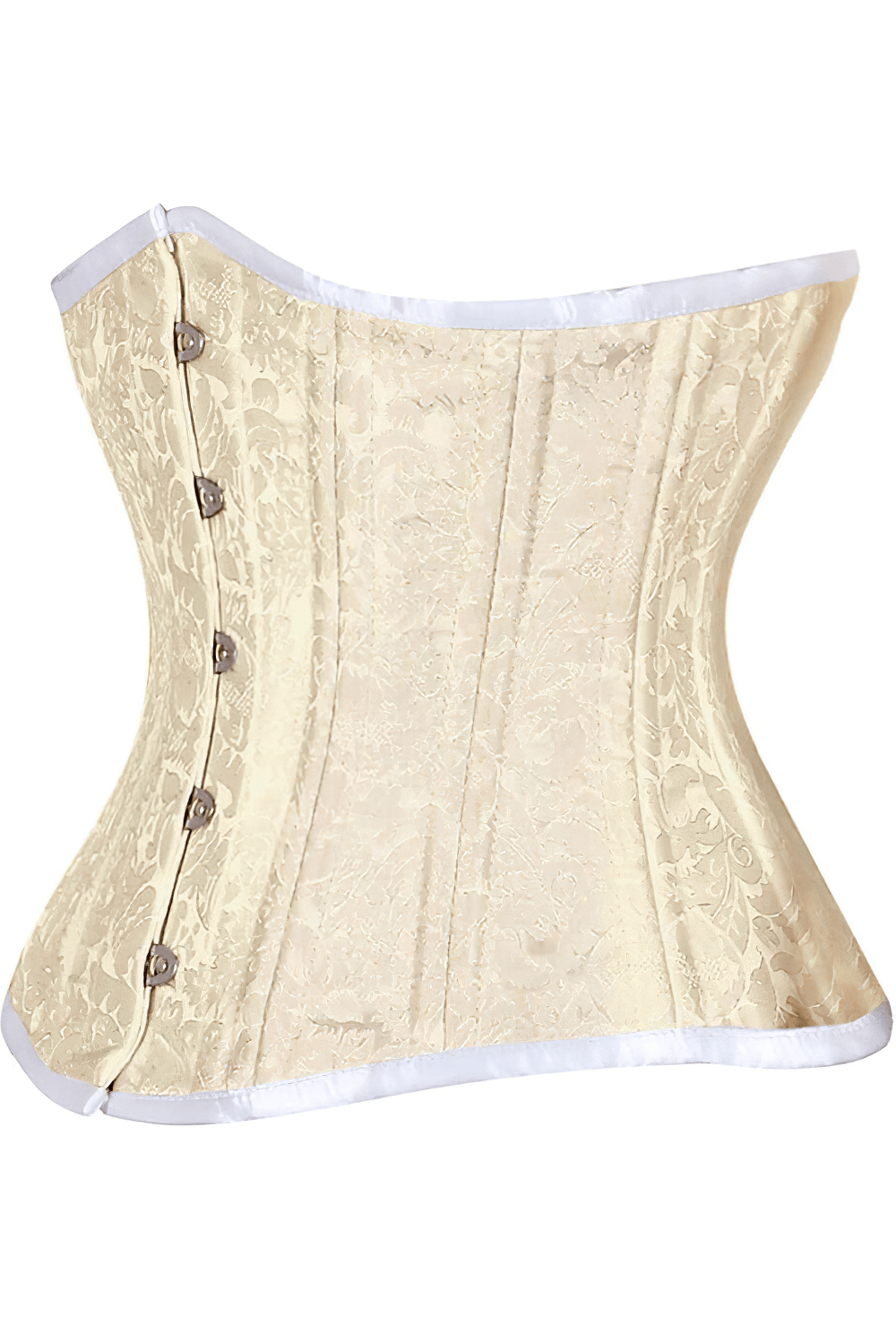 Ivory underbust corset with brocade design, steel boning, and metal busk for waist training and structured shaping.