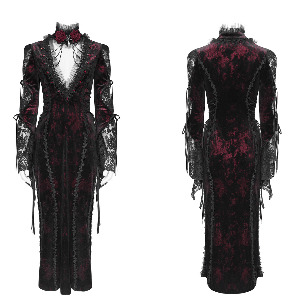 Exquisite Lace Maxi Dress with Corset Lacing and Side Slit, burgundy Gothic velvet gown with sheer sleeves and rose detail