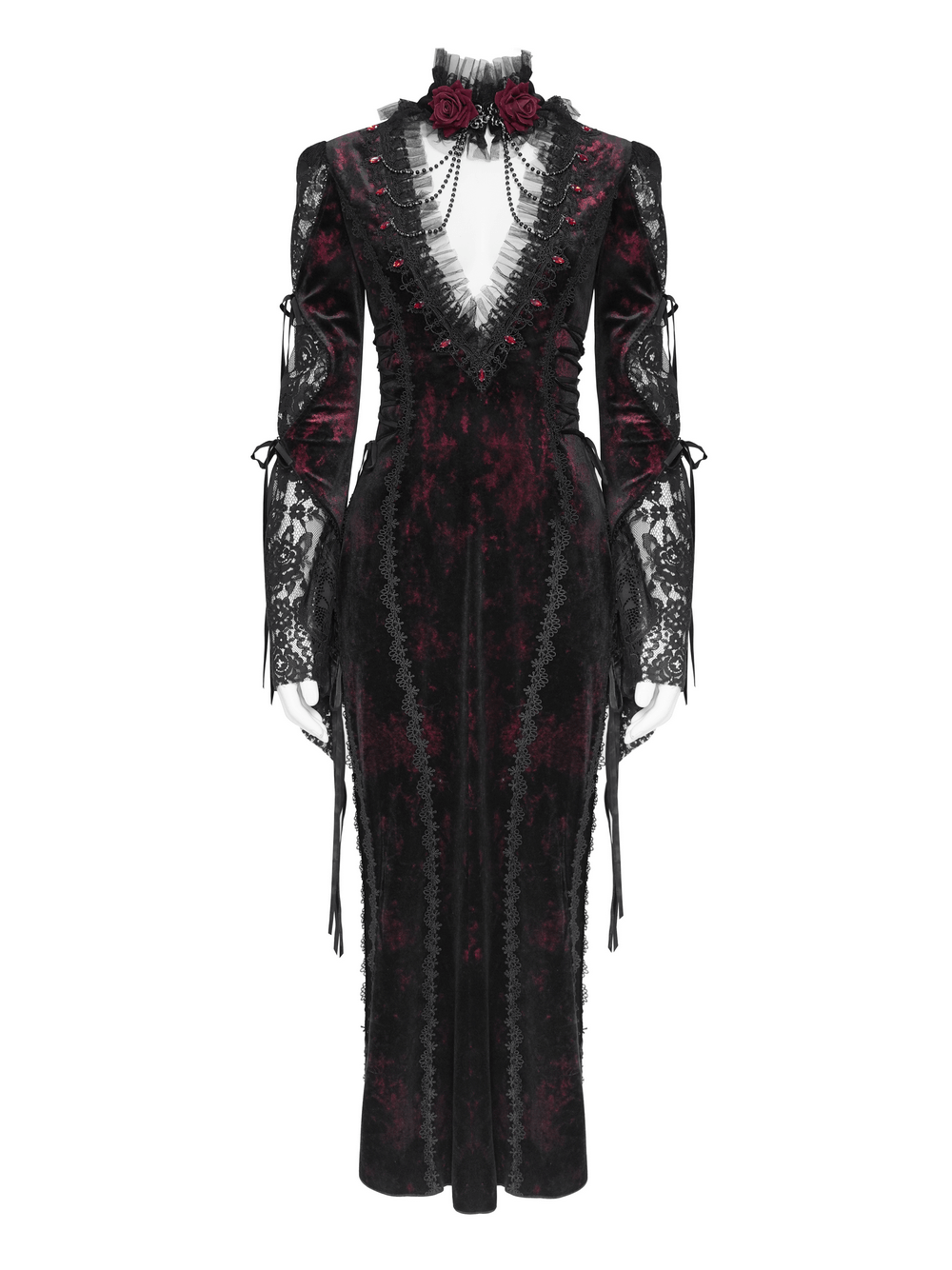 Exquisite Lace Maxi Dress with Corset Lacing and Side Slit, gothic velvet gown with rose detail and sheer sleeves