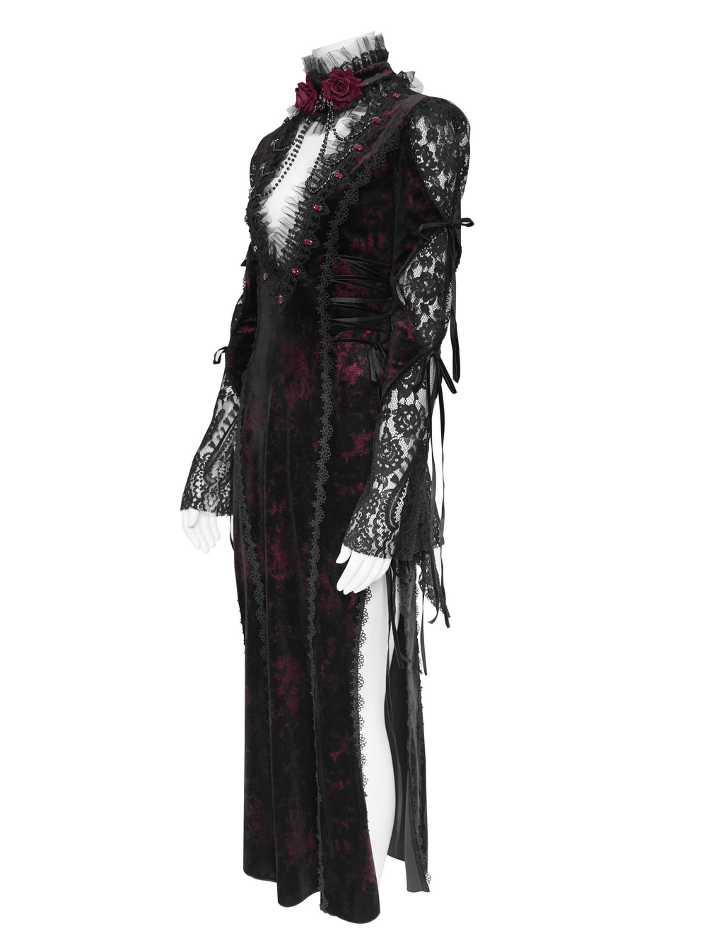 Exquisite Lace Maxi Dress with Corset Lacing and Side Slit gothic velvet gown with rose detail and sheer lace sleeves