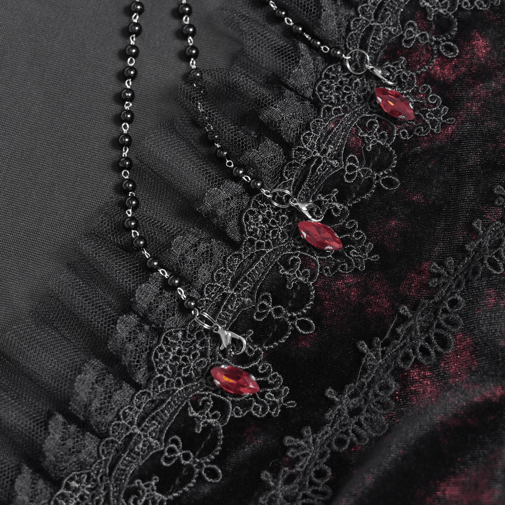 Exquisite Lace Maxi Dress with Corset Lacing and Side Slit, gothic black lace with red gem details