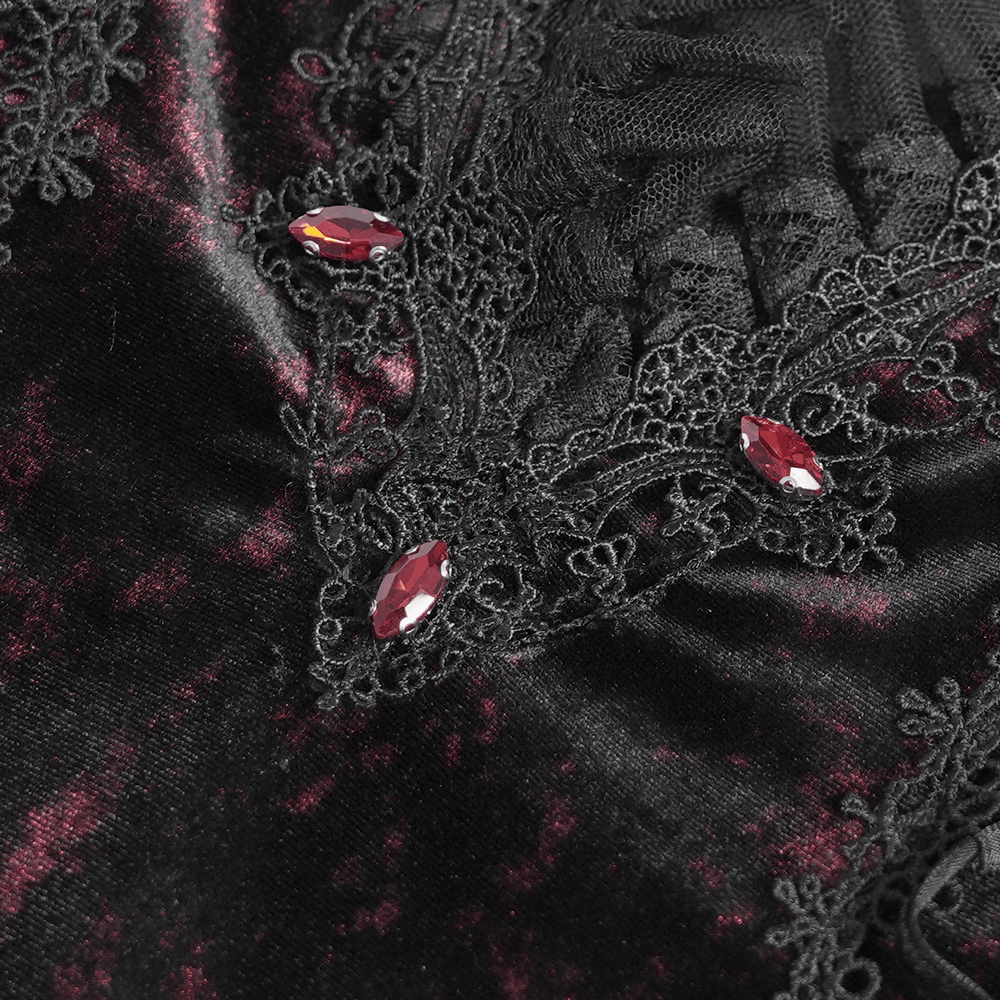 Exquisite Lace Maxi Dress with Corset Lacing and Side Slit gothic velvet lace with red gem detail