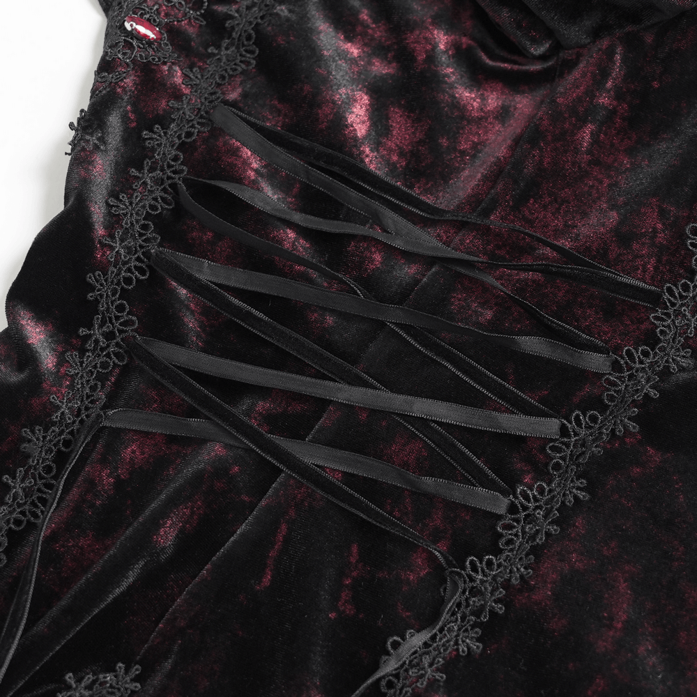 Exquisite Lace Maxi Dress with Corset Lacing and Side Slit black velvet gothic gown with lace-up waist and red rose detail