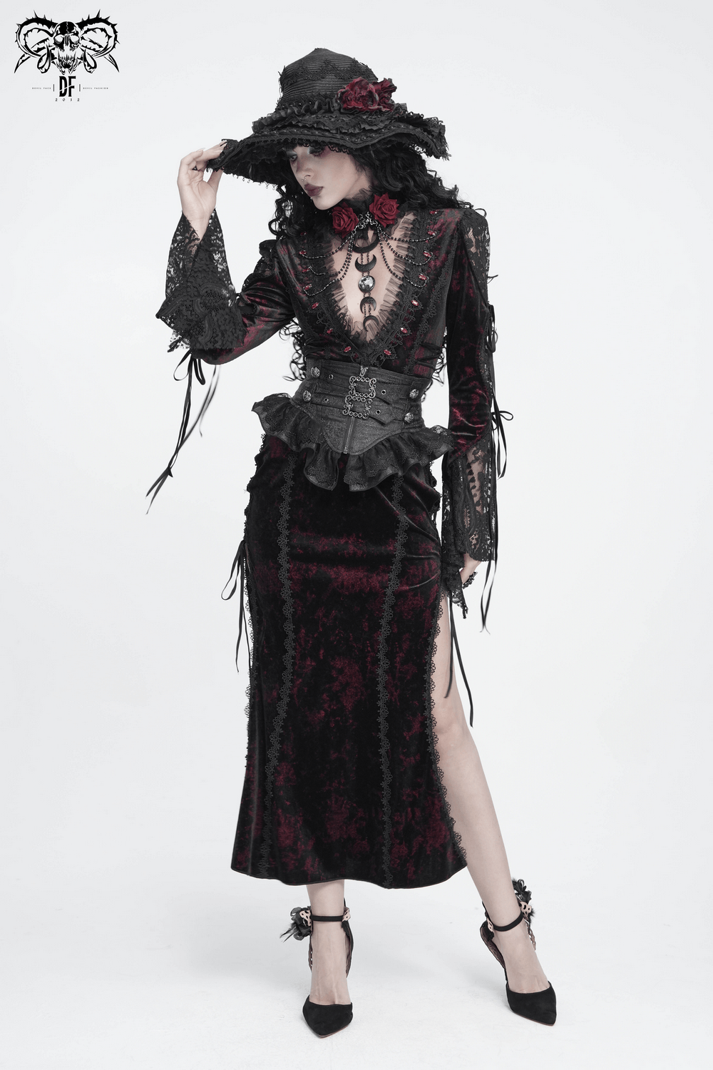 Exquisite Lace Maxi Dress with Corset Lacing and Side Slit, gothic velvet gown with rose accents and sheer sleeves