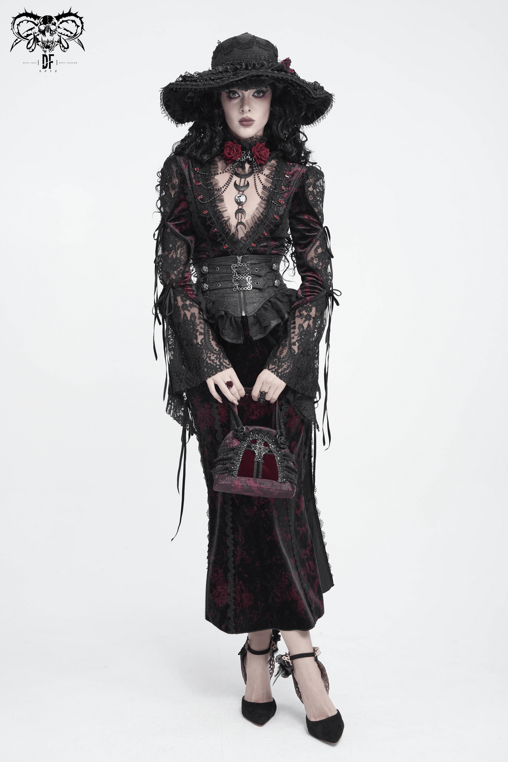 Exquisite Lace Maxi Dress with Corset Lacing and Side Slit, gothic velvet gown with sheer sleeves and rose detail