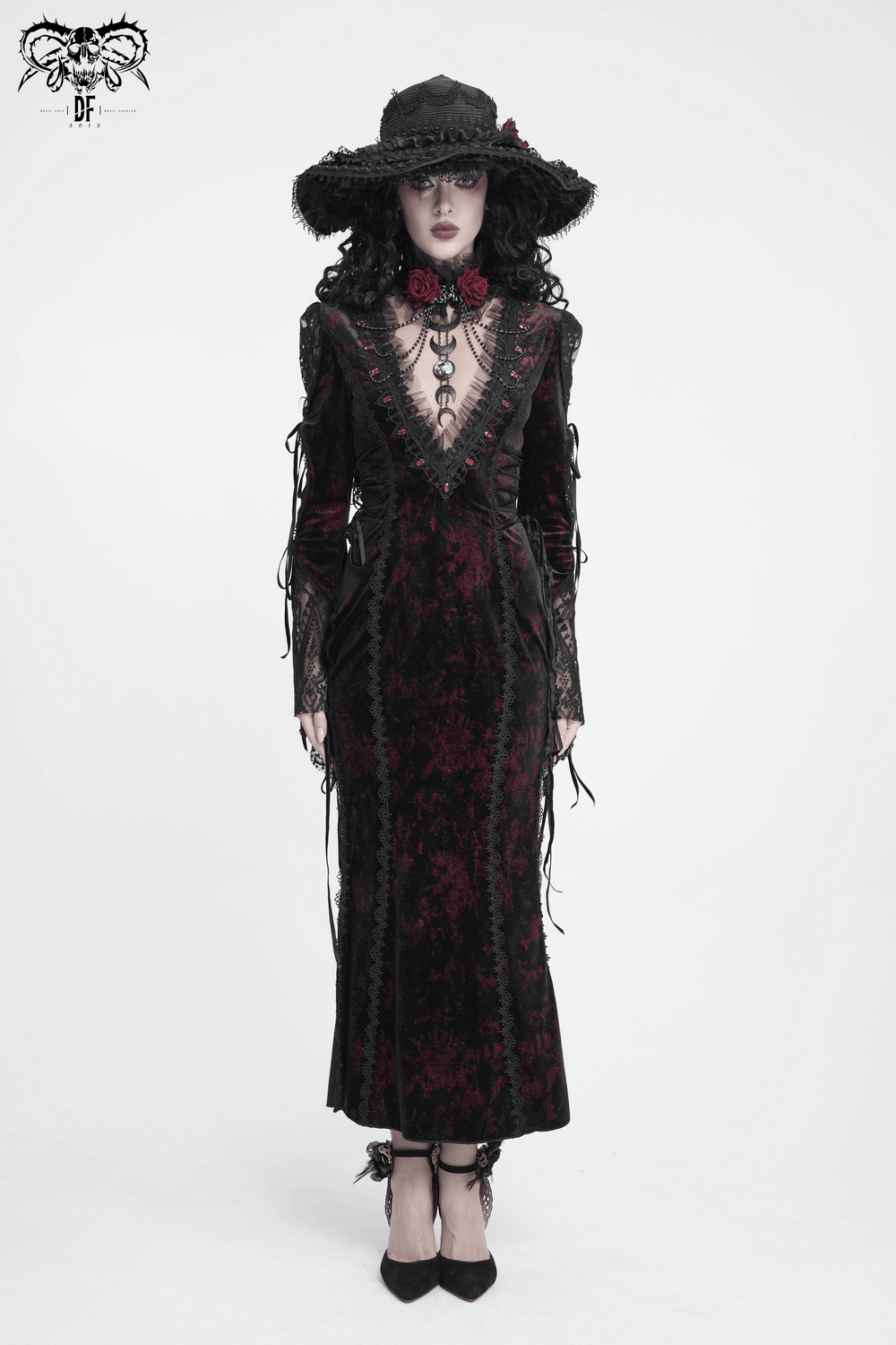 Exquisite Lace Maxi Dress with Corset Lacing and Side Slit, gothic velvet gown with rose detail and sheer sleeves