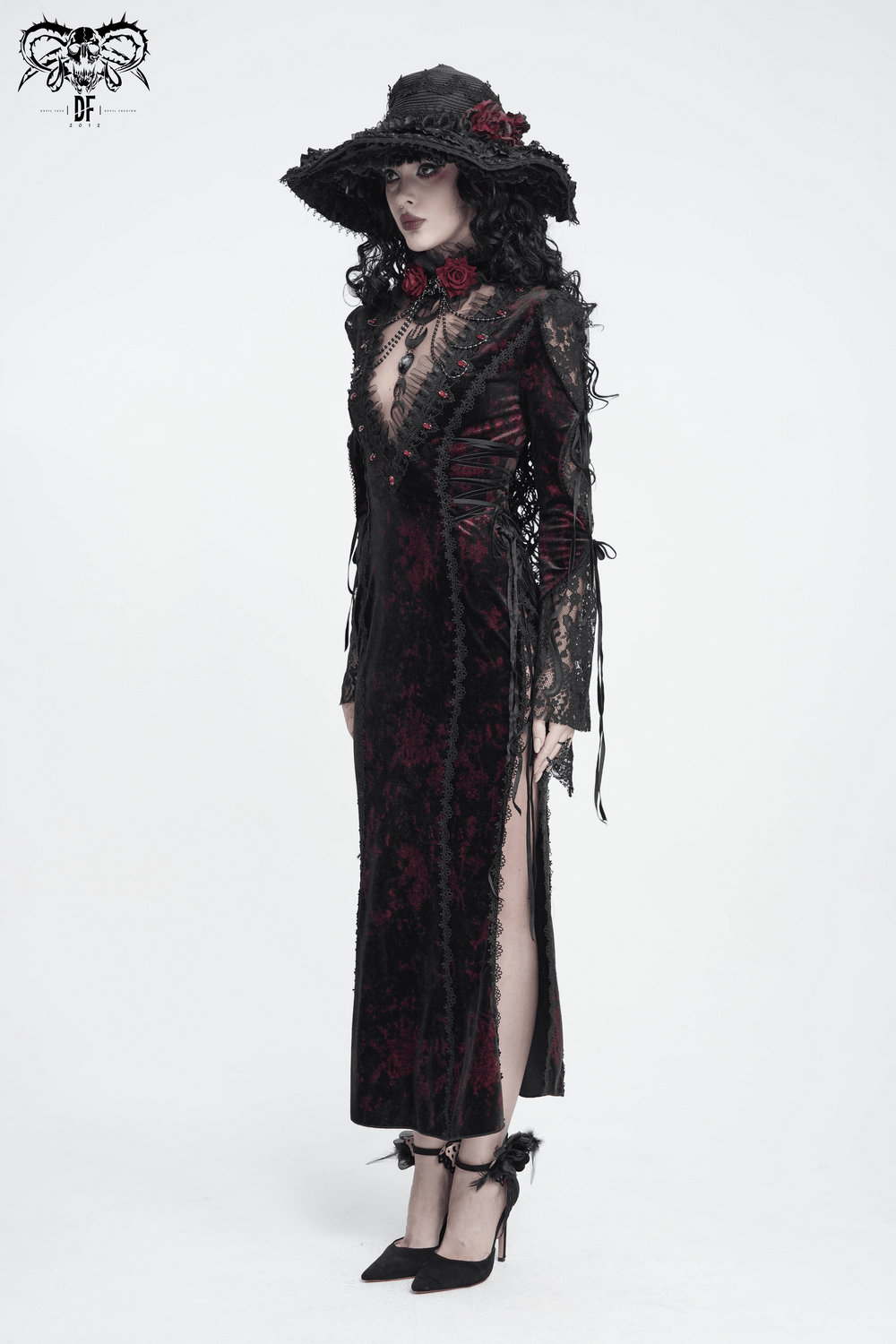 Exquisite Lace Maxi Dress with Corset Lacing and Side Slit gothic velvet gown with rose detail and sheer sleeves
