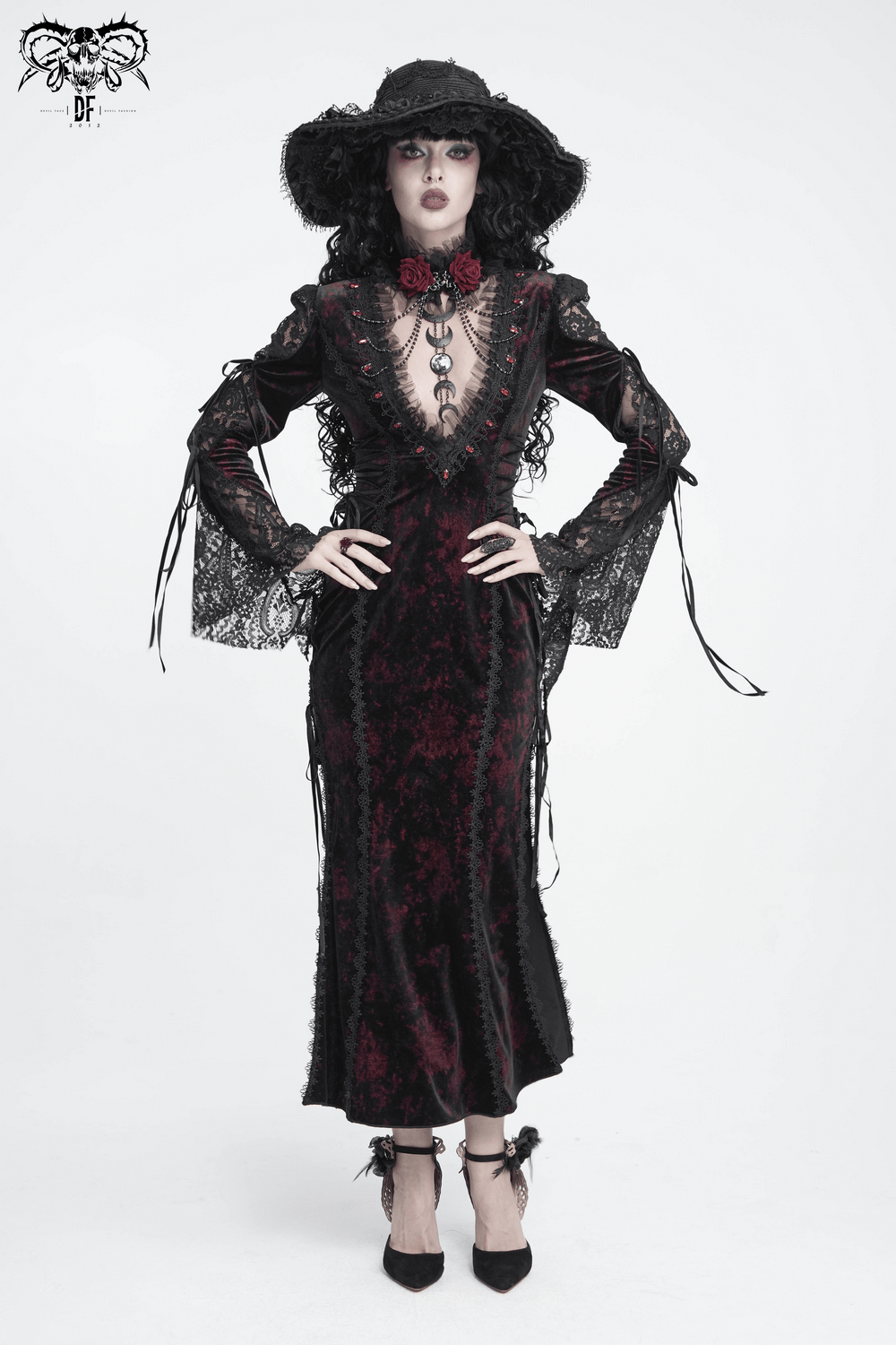Exquisite Lace Maxi Dress with Corset Lacing and Side Slit gothic velvet gown with sheer sleeves, rose detail, and dramatic dark romance