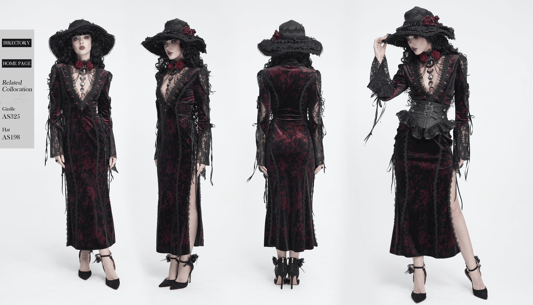 Exquisite Lace Maxi Dress with Corset Lacing and Side Slit, gothic velvet gown with rose detail and sheer sleeves