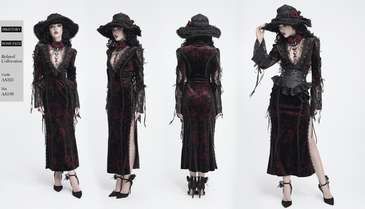 Exquisite Lace Maxi Dress with Corset Lacing and Side Slit, gothic velvet gown with rose detail and sheer sleeves