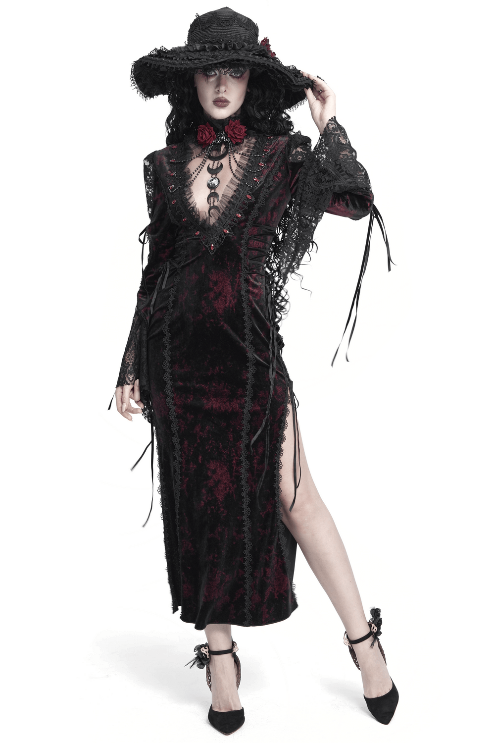 Exquisite Lace Maxi Dress with Corset Lacing and Side Slit gothic velvet gown with sheer sleeves and rose detail