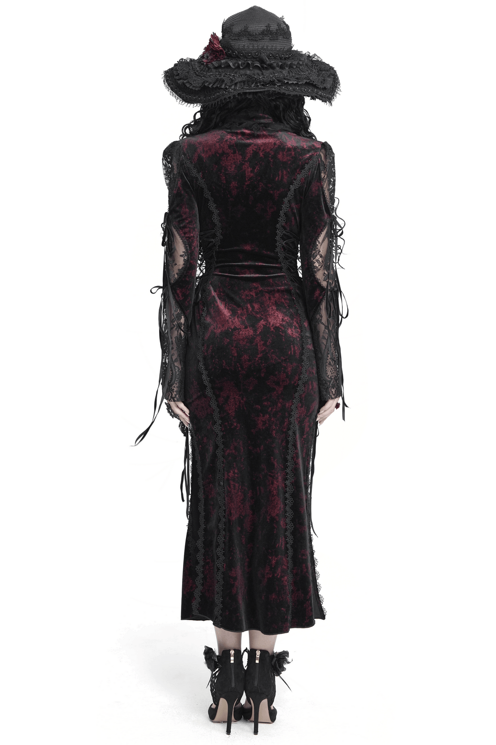 Exquisite Lace Maxi Dress with Corset Lacing and Side Slit, gothic velvet gown with sheer sleeves and rose detail