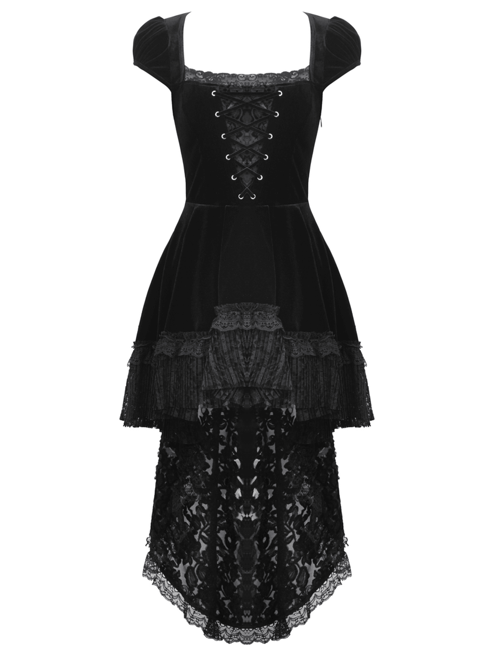 Exquisite black velvet swallowtail dress with lace overlay and ruffles, perfect for gothic elegance.