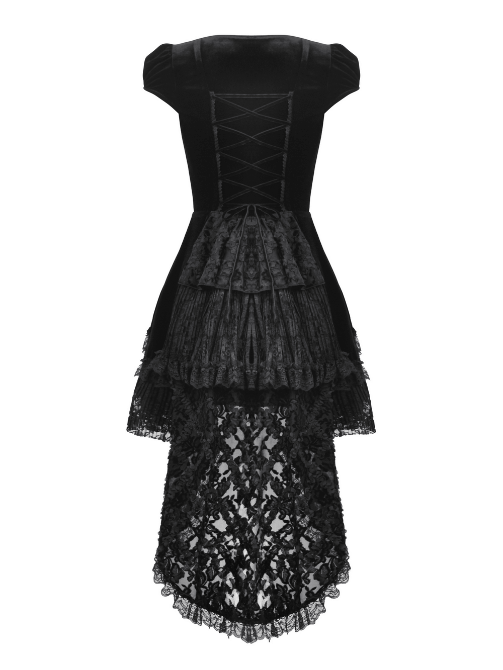 Elegant black velvet swallowtail dress with lace overlay and ruffles, perfect for gothic fashion lovers.