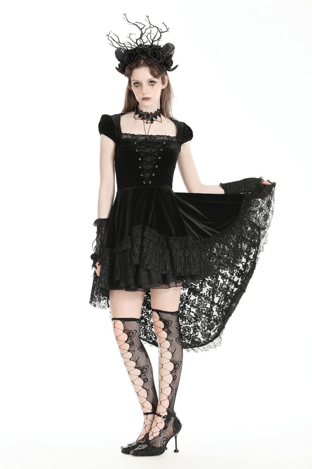 Elegant gothic swallowtail dress with lace overlay and cap sleeves, perfect for special occasions.