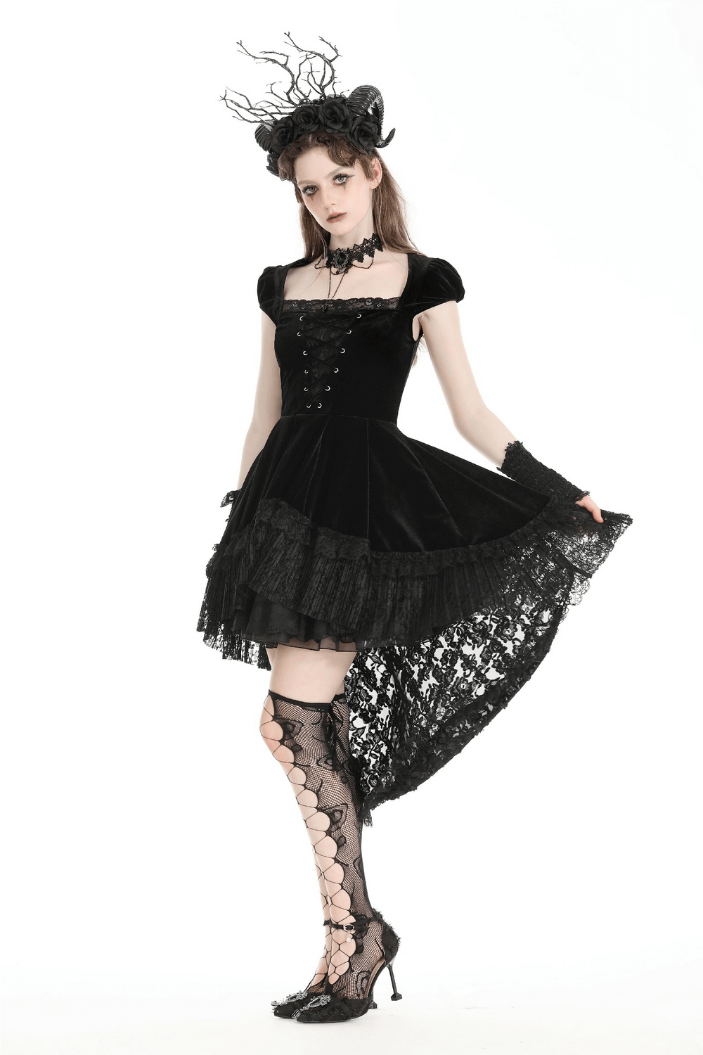 Elegant gothic dress with lace sleeves and swallowtail hem, perfect for a gothic princess look.