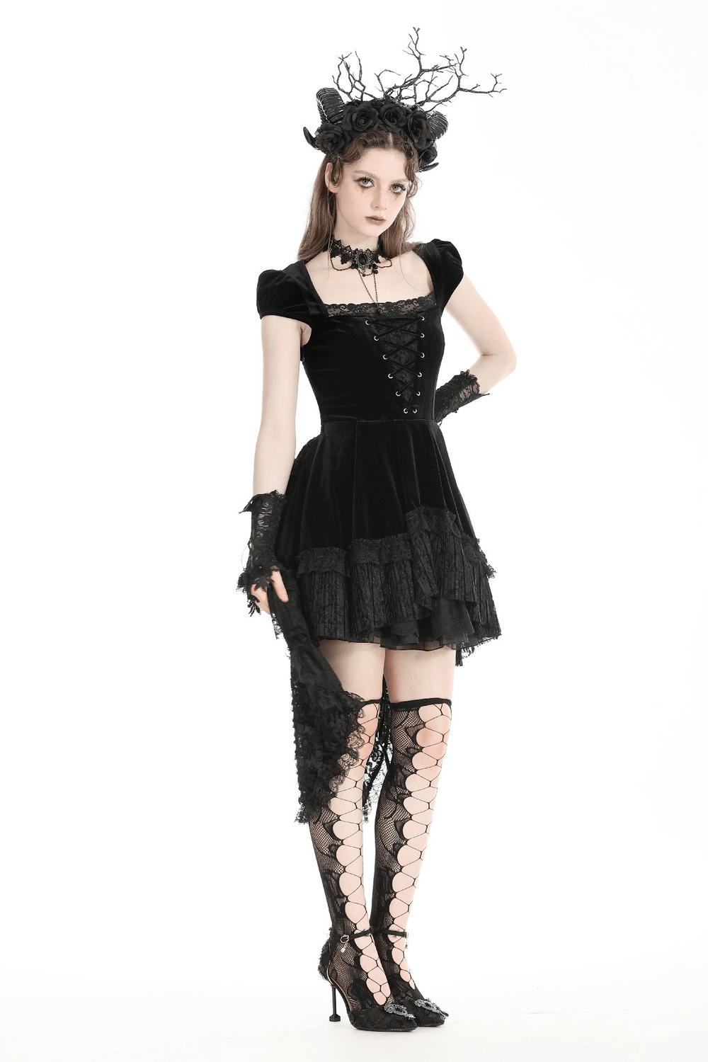 Elegant gothic swallowtail dress with lace overlay, cap sleeves, and dramatic ruffles.