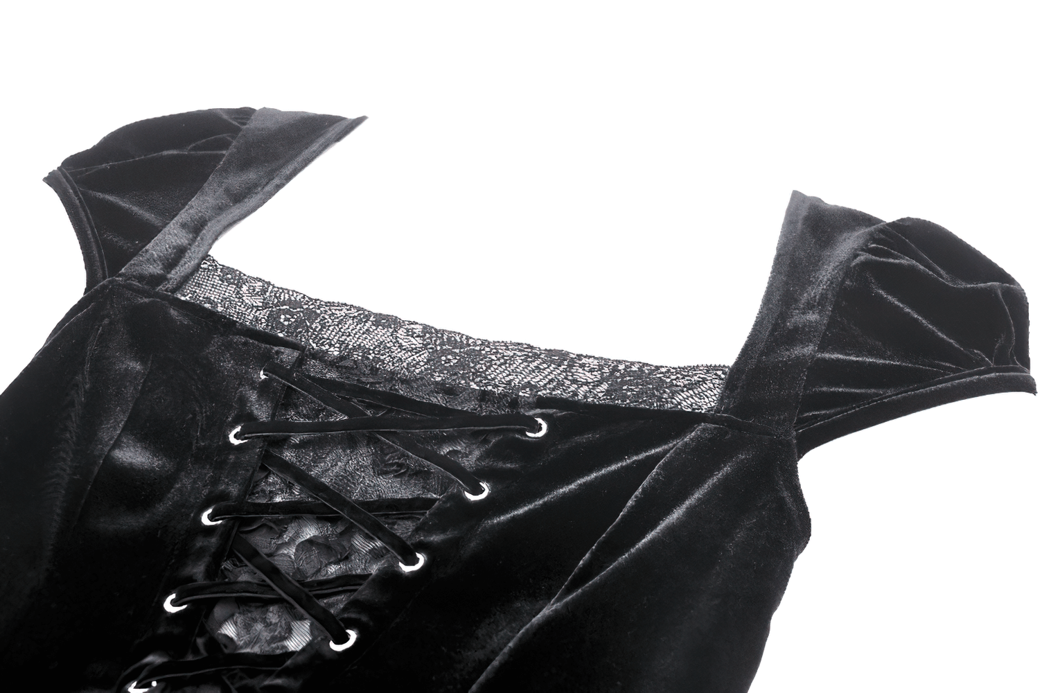 Elegant black velvet dress featuring lace overlay and corset-style lace-up detailing.