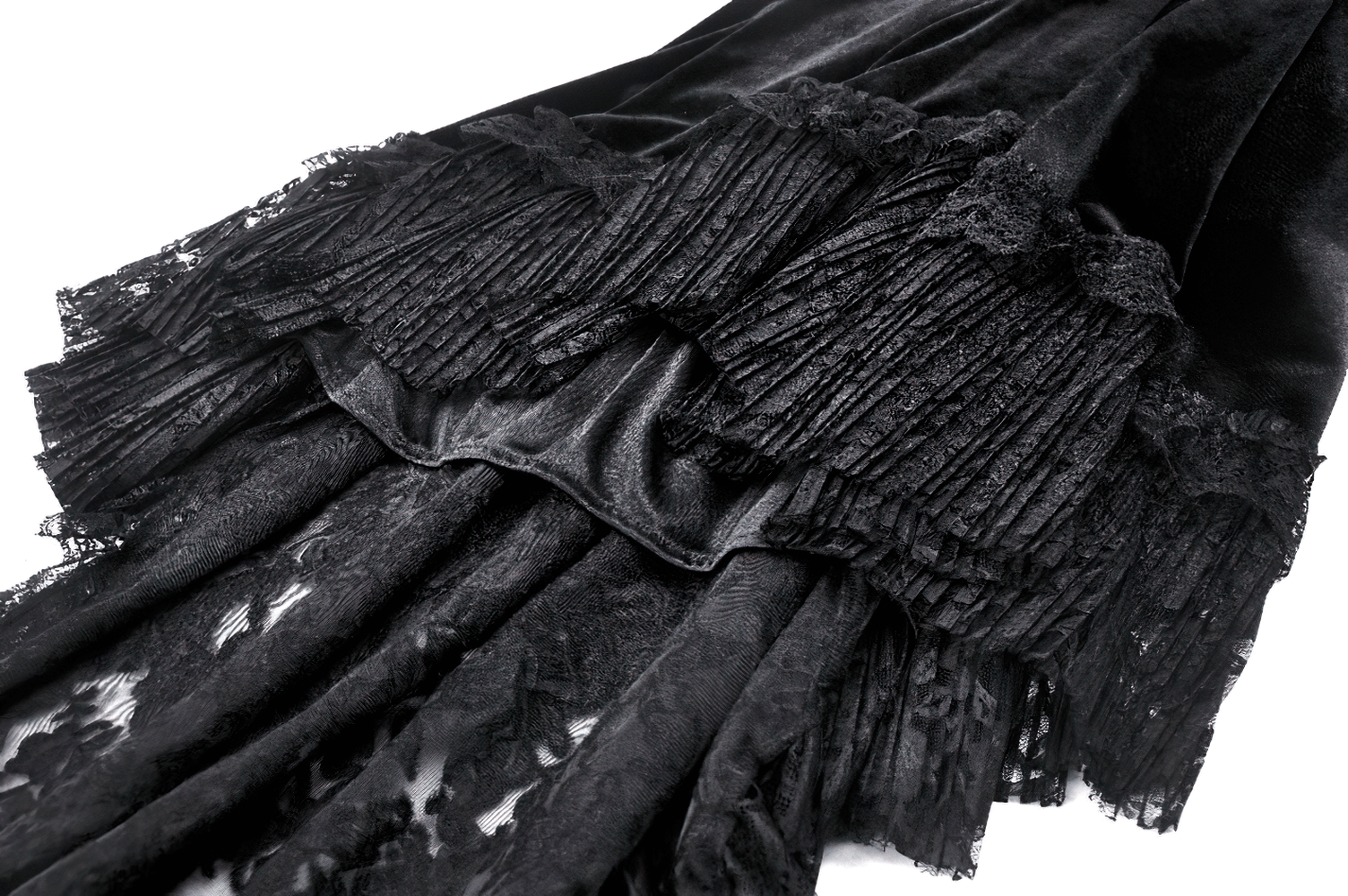 Close-up of black velvet dress with lace ruffles and dramatic swallowtail hem, perfect for gothic fashion lovers.