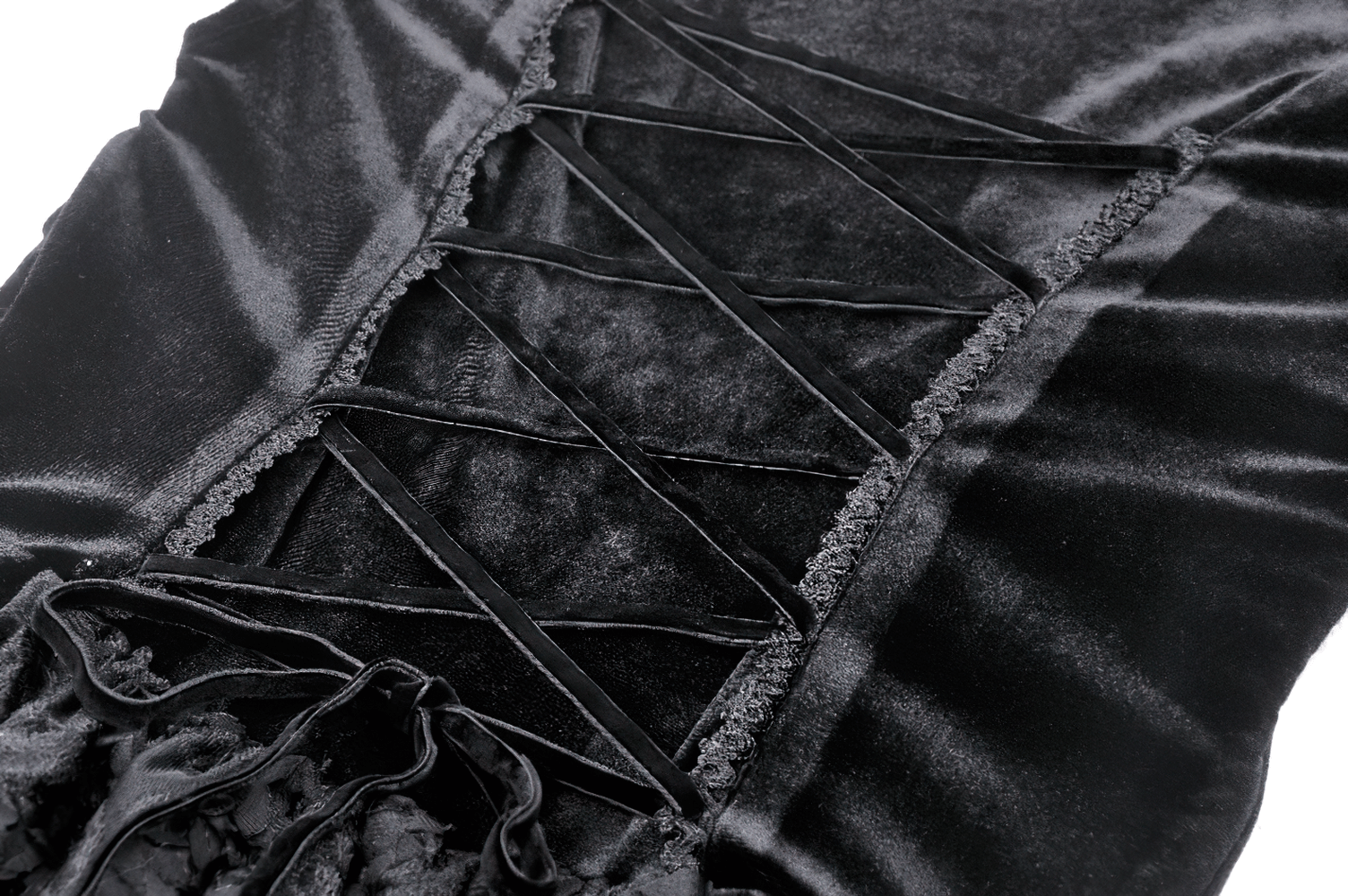 Elegant black velvet dress lace-up detail showcasing gothic ruffles and sophisticated style.