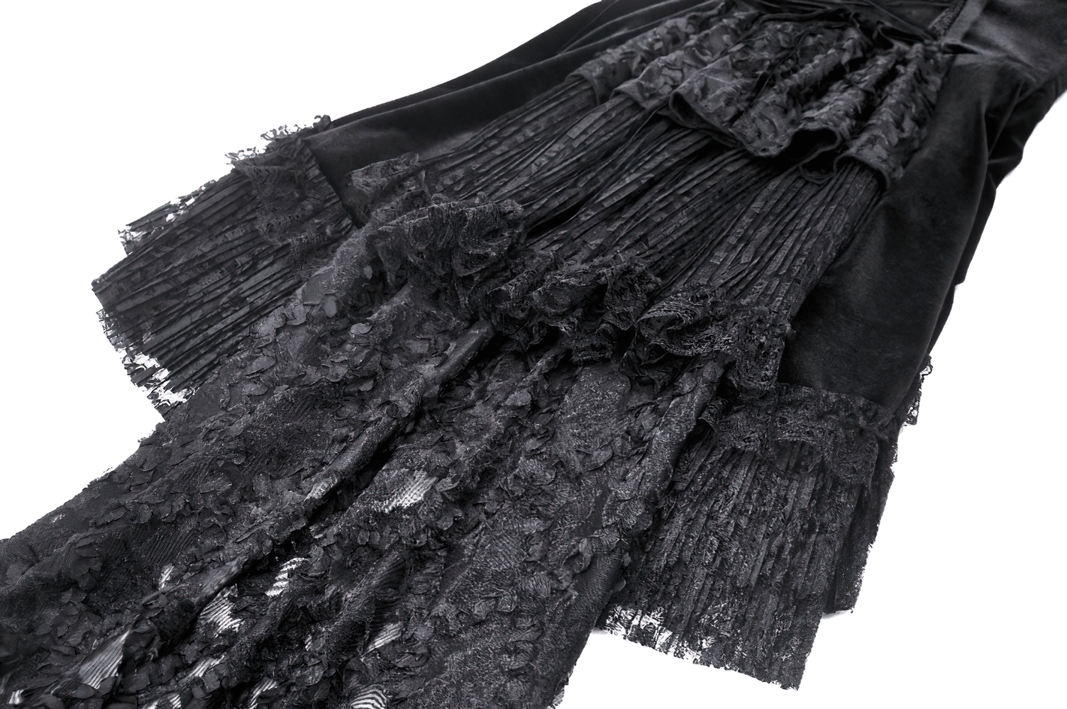 Elegant black velvet swallowtail dress showcasing intricate lace overlay and dramatic ruffles perfect for gothic style.