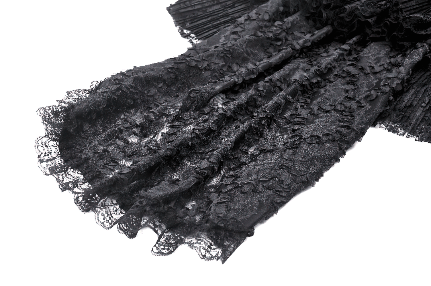 Luxurious black lace overlay fabric with intricate floral patterns and ruffled edges, perfect for elegant gothic dresses.