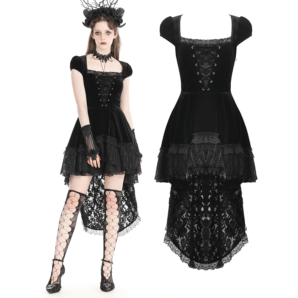 Elegant black velvet swallowtail dress with lace overlay and ruffles, perfect for gothic fashion enthusiasts.