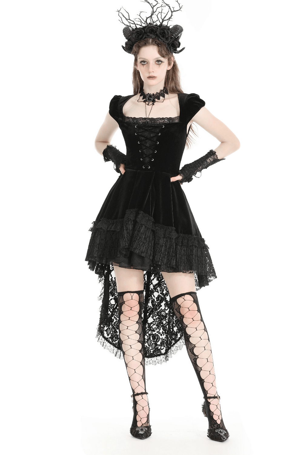 Elegant gothic swallowtail dress in black velvet with lace ruffles and cap sleeves, perfect for special occasions.