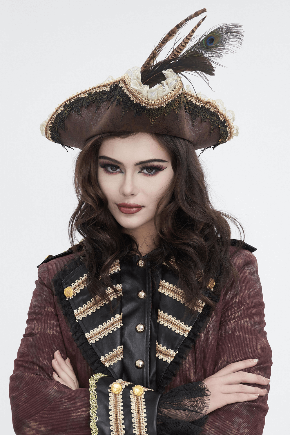 Exquisite Victorian brown tricorn hat adorned with lace and feather, perfect for gothic or steampunk outfits.