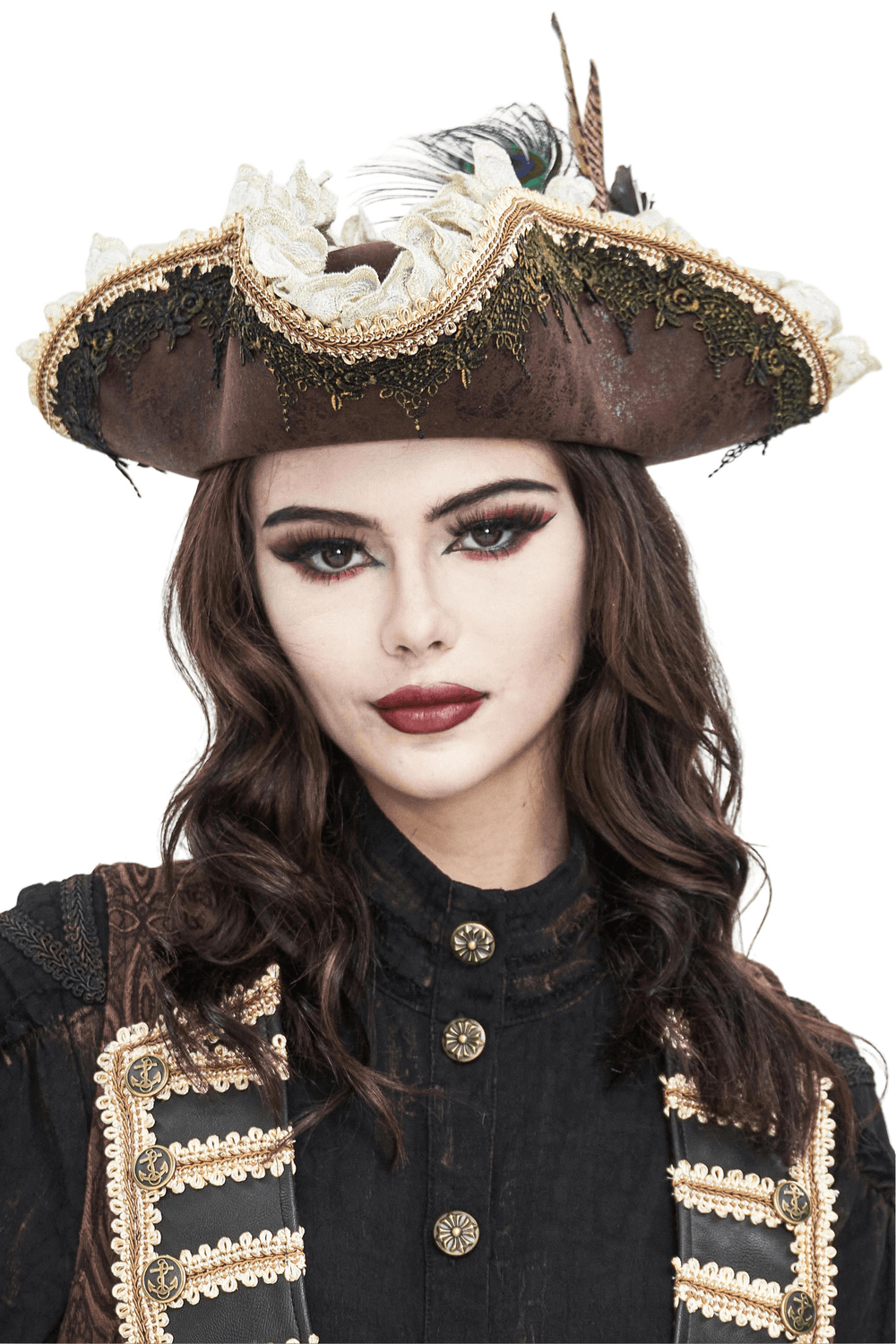 Elegant Victorian brown tricorn hat with feather, perfect for gothic and steampunk fashion.