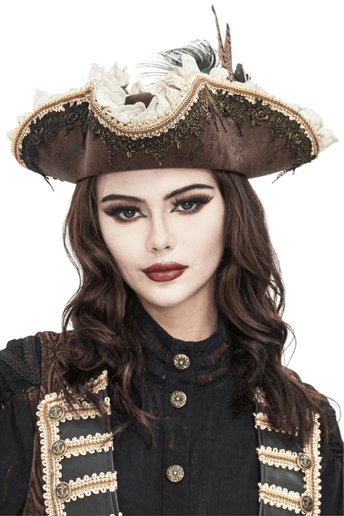 Exquis chapeau tricorne marron victorien avec plume