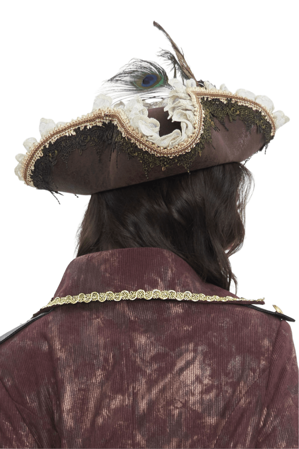 Elegant Victorian brown tricorn hat with feather and lace, perfect for gothic and steampunk styles.