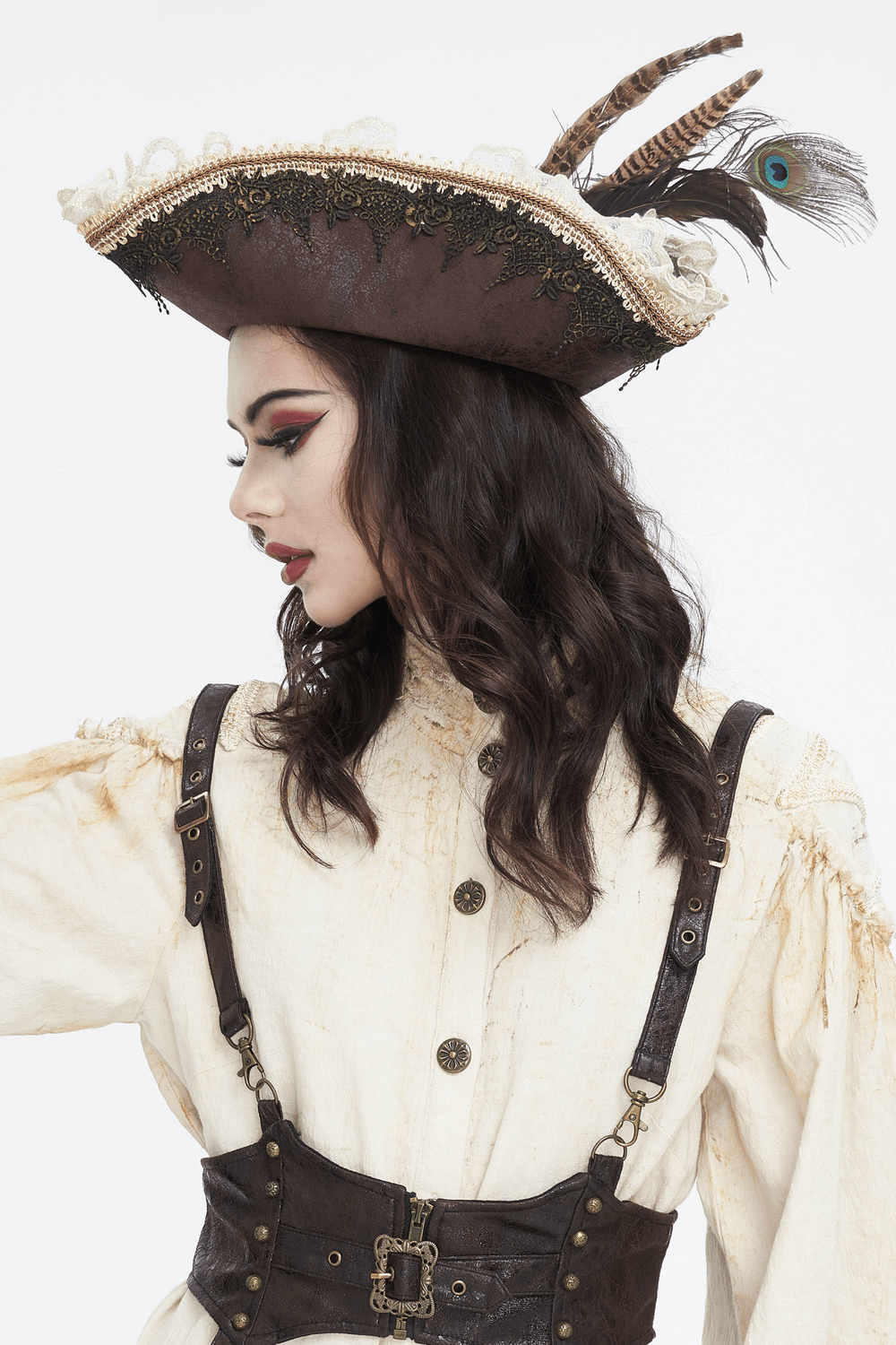 Elegant Victorian brown tricorn hat with feathers, lace detailing, and adjustable drawstring for a perfect fit.