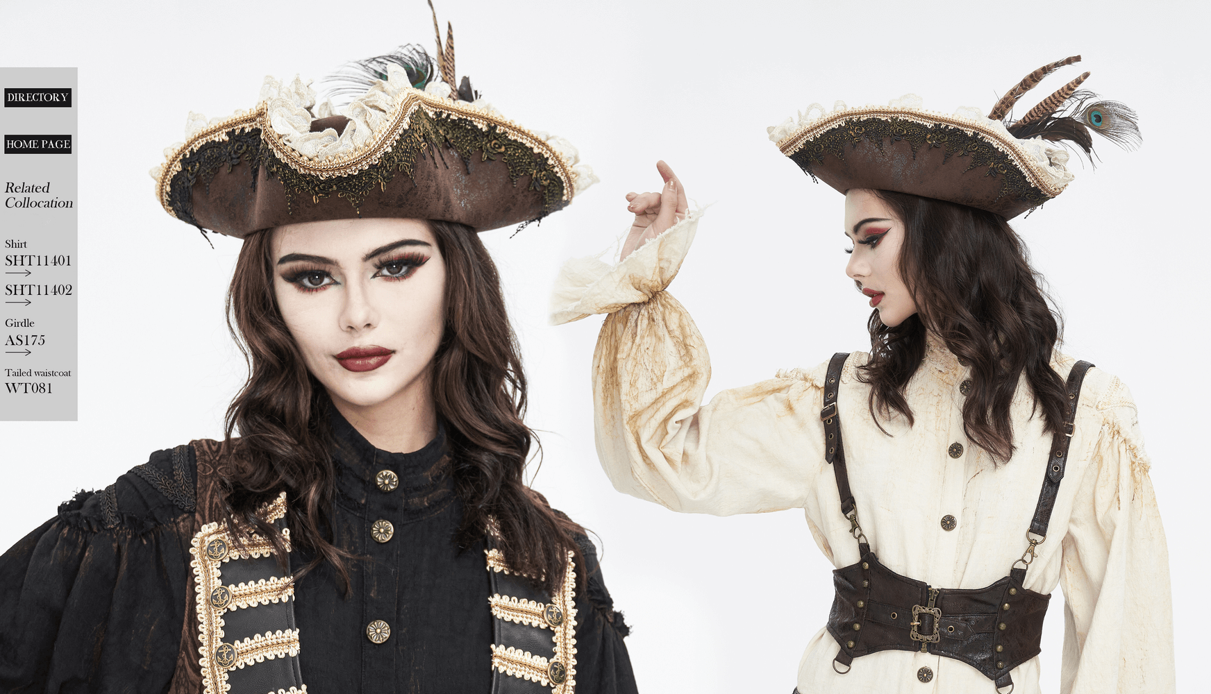 Elegant pirate-inspired tricorn hat adorned with feathers, lace, and intricate detailing for gothic and steampunk style.