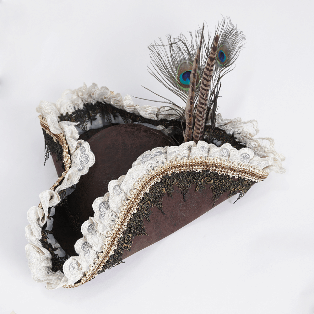 Elegant Victorian brown tricorn hat with lace and feather, perfect for gothic and steampunk fashion.