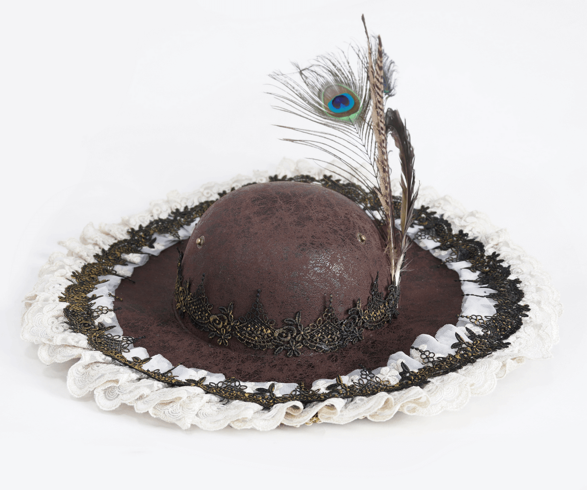 Elegant brown tricorn hat with feather, lace detailing, perfect for gothic and steampunk attire.