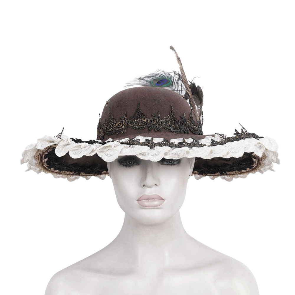 Exquisite Victorian brown tricorn hat with lace and feather, perfect for gothic and steampunk style.