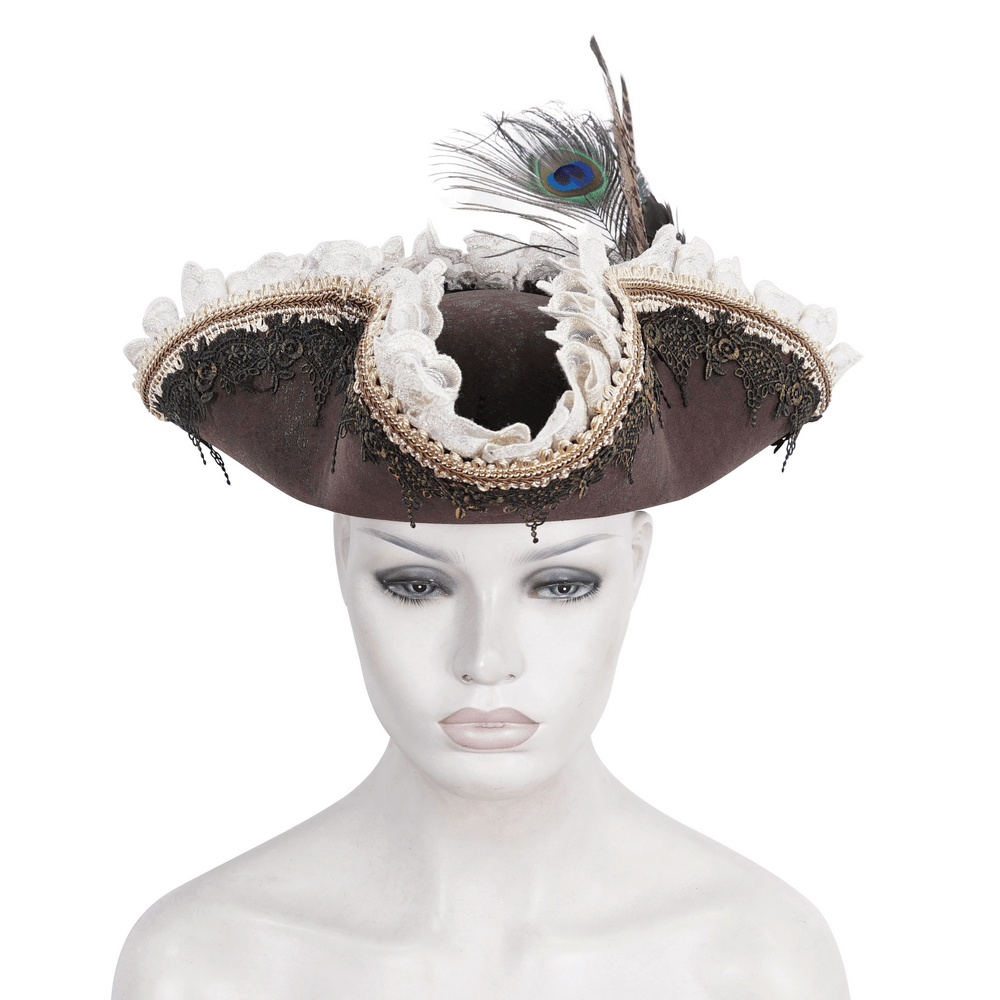 Elegant Victorian tricorn hat with lace and feather, perfect for gothic and steampunk fashion.