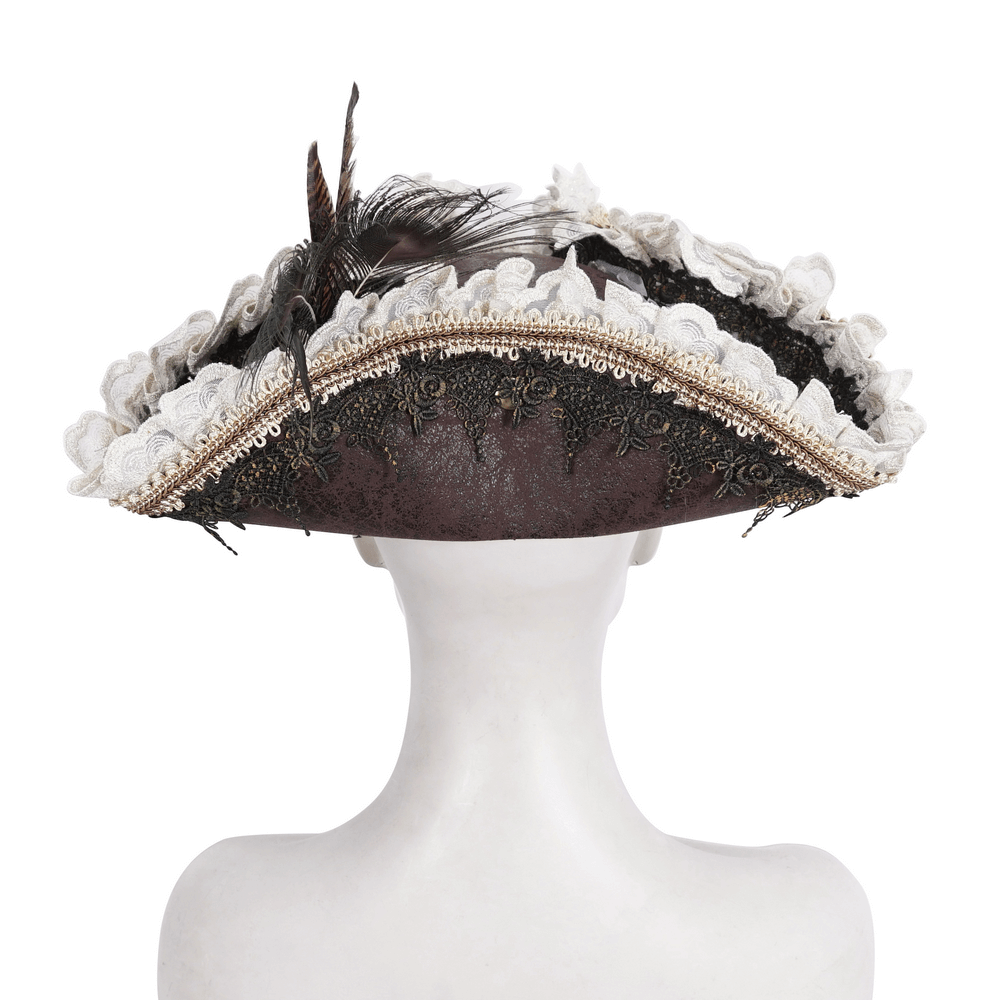 Elegant Victorian brown tricorn hat with feather and lace embellishments, perfect for gothic and steampunk styles.