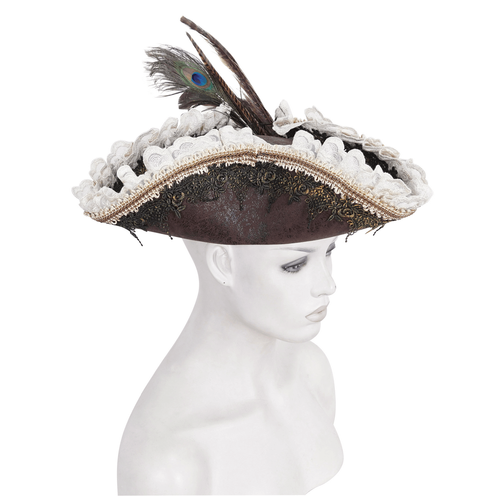 Exquisite Victorian brown tricorn hat with lace and feather, perfect for steampunk and gothic styles.