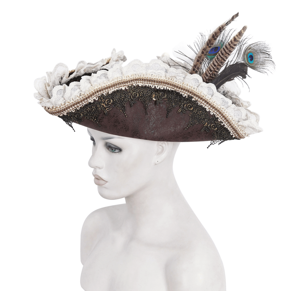 Exquisite Victorian brown tricorn hat adorned with lace and feathers, perfect for gothic and steampunk styles.