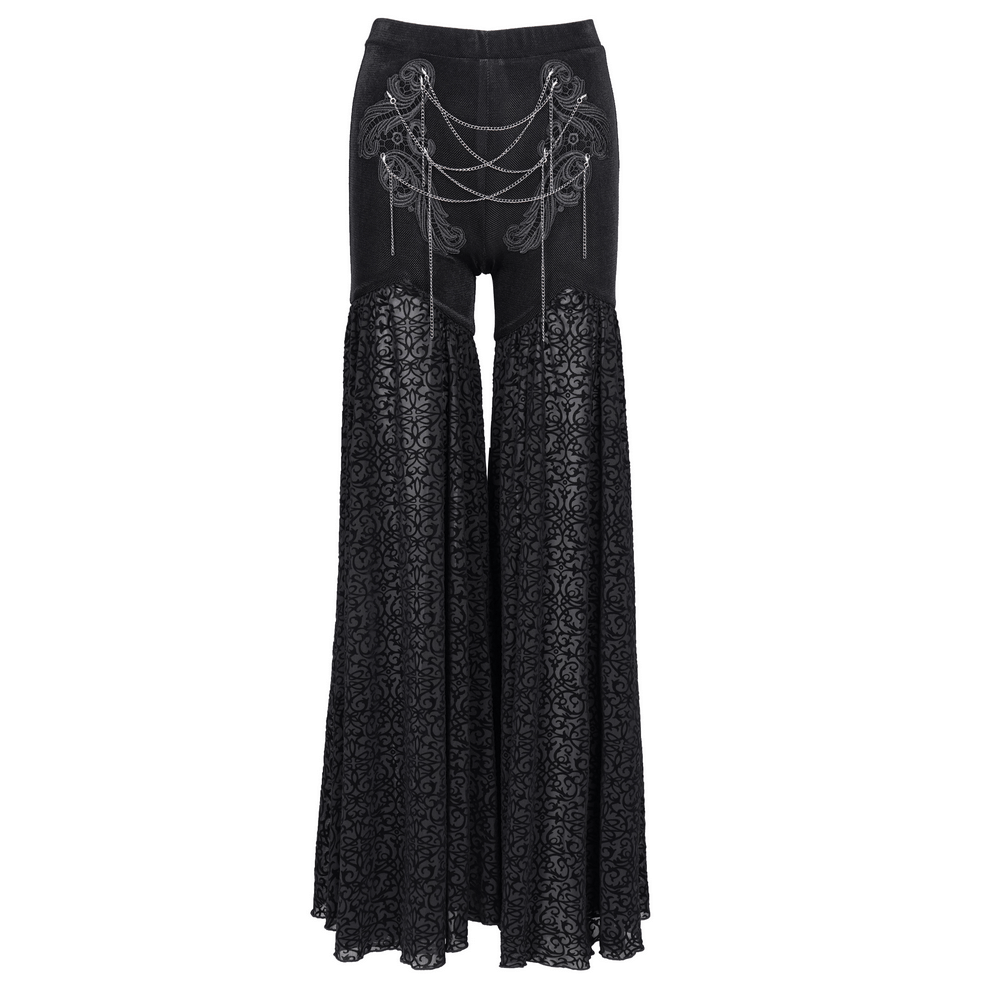 Exquisite women's black lace palazzo pants with chain detailing, perfect for gothic elegance and bold fashion statements.