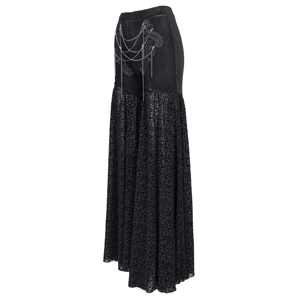 Exquisite women's black lace palazzo pants with chain detailing for a gothic and modern fashion statement.