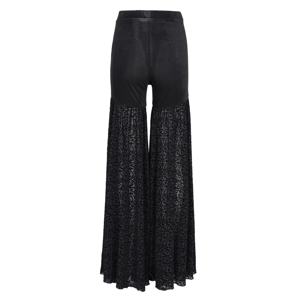 Elegant black lace palazzo pants with wide legs and intricate chain detailing, perfect for bold fashion statements.