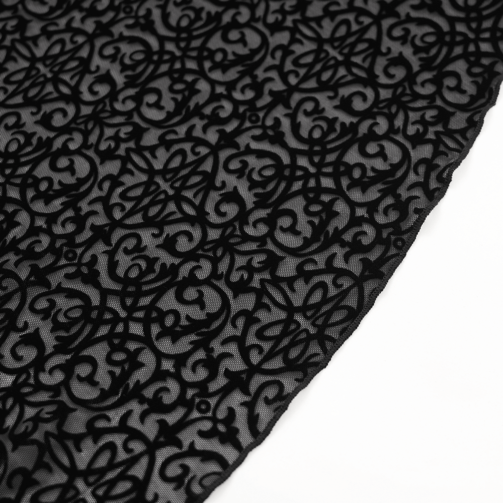 Elegant black lace fabric featuring intricate gothic patterns, perfect for stylish palazzo pants.